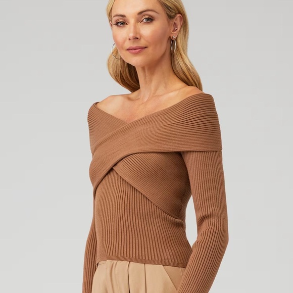 ASTR THE LABEL OFF THE SHOULDER CRISS CROSS FRONT RIBBED ZAYLA SWEATER - Picture 2 of 8